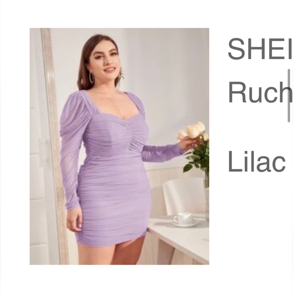 SHEIN Lilac Ruched Bodycon Dress with Bishop Sleeves